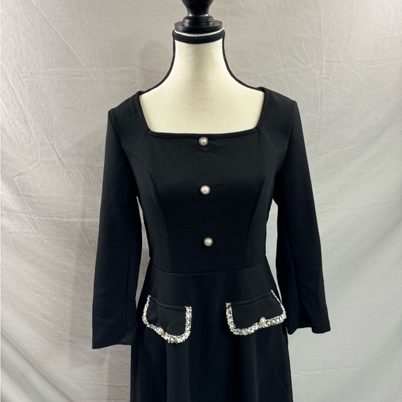 A-Line Pearl Button Square Neck Dress Black - Picture 9 of 11